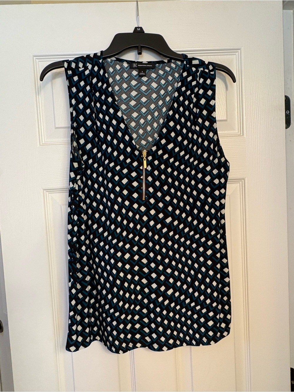 INC International Concepts Black Geometric Sleeveless Zip V-Neck Camisole